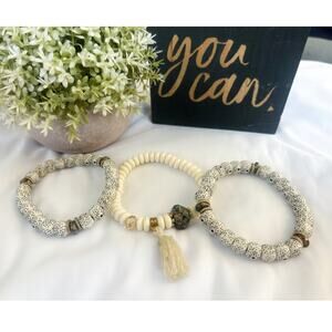 Boho Neutral Beaded Bracelet Set Stackable Stretch Speckled Beads Tassel